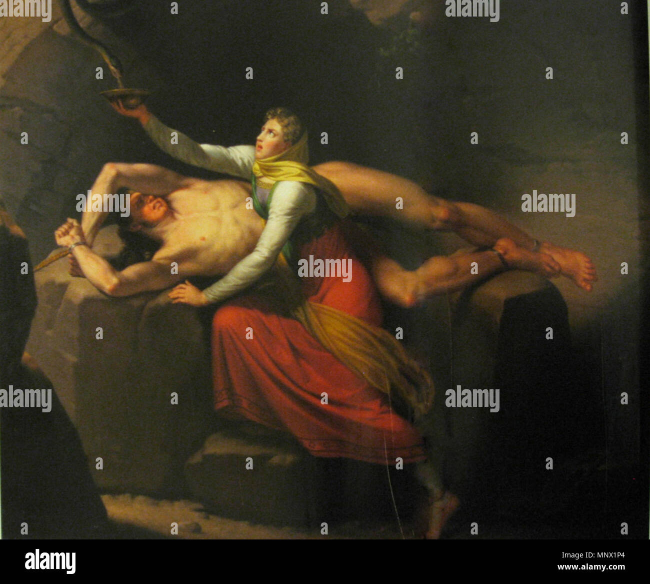 . Ein Foto von einer drucken ein Foto eines Gemäldes (Öl auf Leinwand, 134 x 162), Loki und Sigyn aus nordischen Mythologie. Die Reproduktion ist auf zwei Seiten im Buch und Sie können sehen, die Falten. Im Jahr 1810 malte. 817 1386-1644 og Sigyn durch Eckersberg Stockfoto