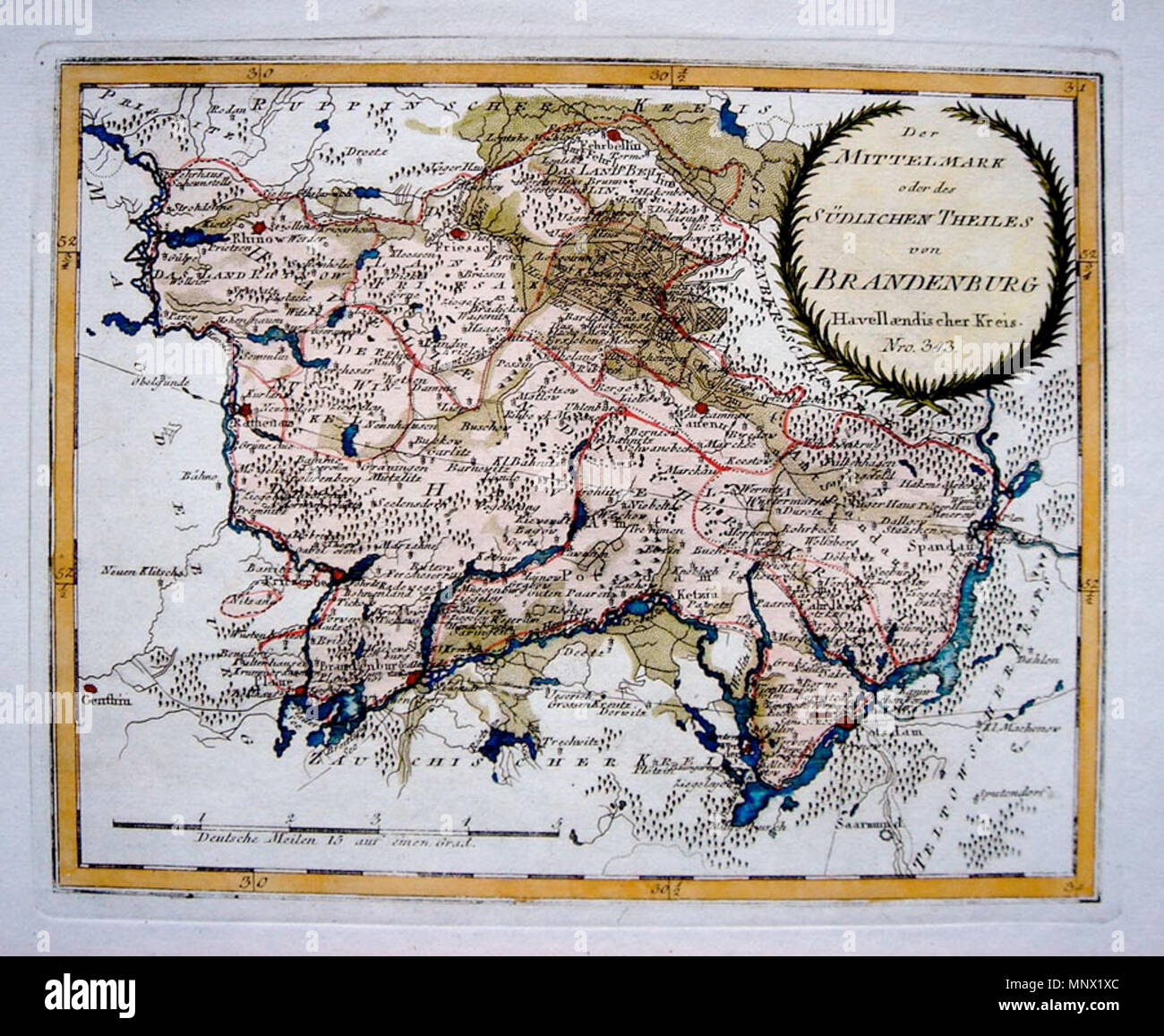 . English : Der Mittelmark oder des Südlichen Theiles von Brandenburg Havellaendischer Kreis. Nro 343. Altkolorierter Kupferstich mit kolorierter Kartusche und Meilenzeiger. Format 22,5 x 28 cm, Blattgröße 30 x 40 cm. 1795/1796. Franz Johann Joseph von Reilly (1766-1820) Alternative Namen Reilly, Franz Johann Joseph von Beschreibung österreichischer Verleger und Schriftsteller Geburtsdatum / Tod 18. August 1766 vom 6. Juli 1820 Ort der Geburt / Tod Wien Wien Zeitraum 1790 - 1800 Standort Wien Behörde: Q 113944 VIAF: 102371035 ISNI: 0000 0001 1839 240 X LCCN: 88624007 n GND: 1187 Stockfoto