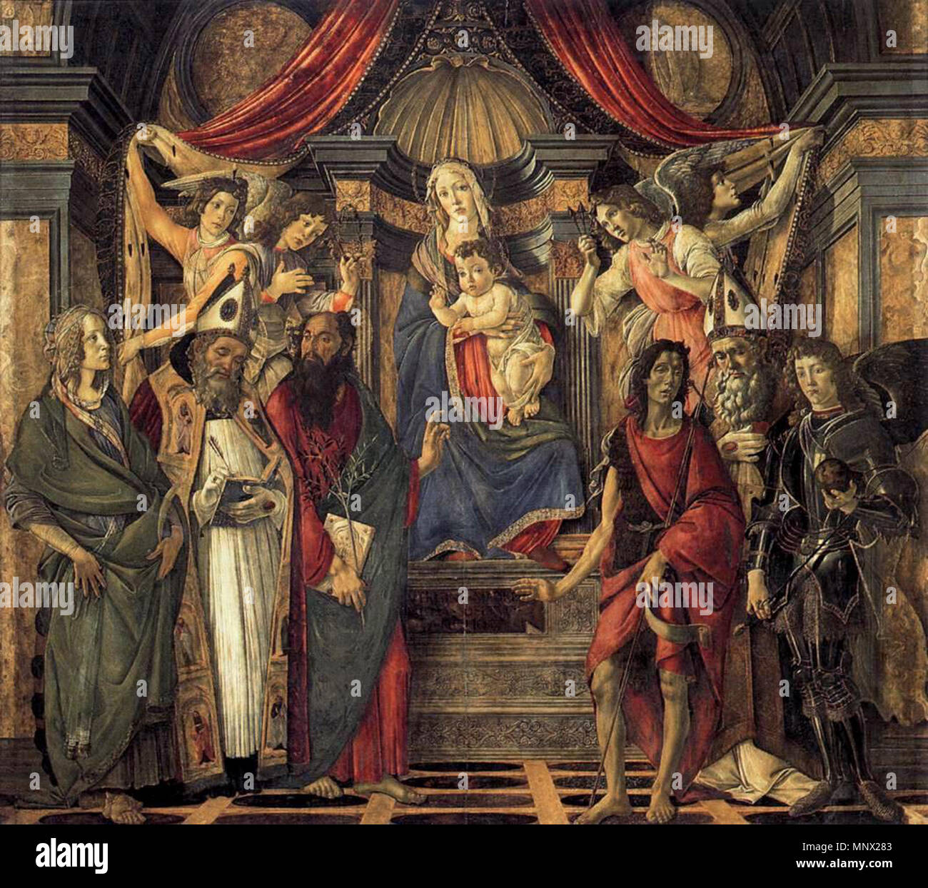 Madonna mit Kind auf dem Thron, vier Engel und Heiligen. Pintura renacentista. Datum unbekannt. 1090 San Barnaba Altarbild Stockfoto