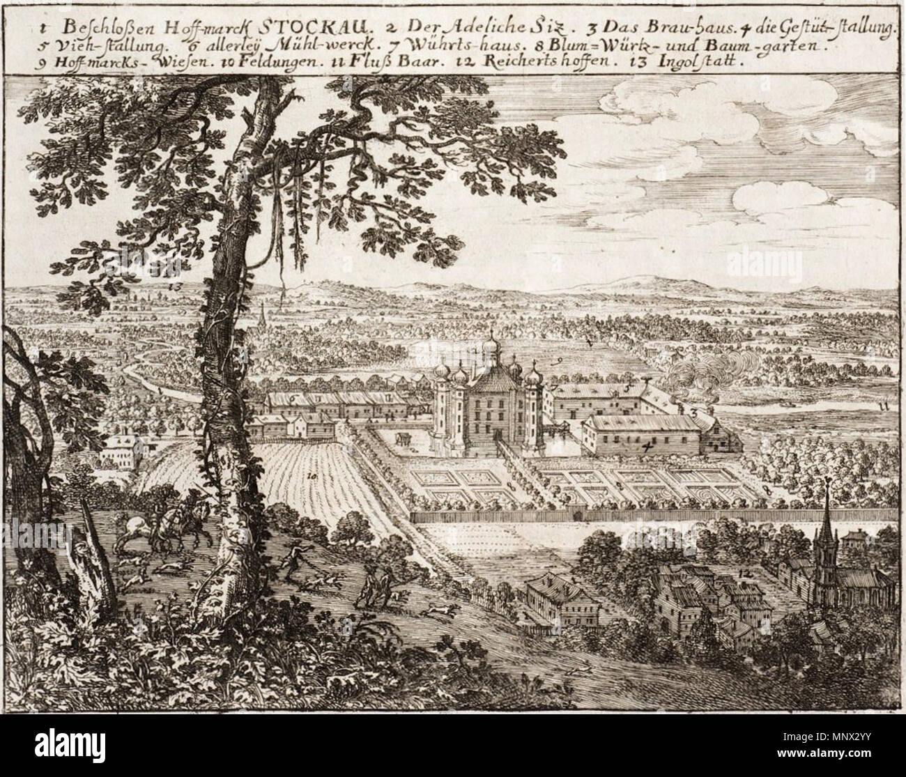 . Englisch: Villa und Anwesen von Stockau bei Paar Fluss im ehemaligen Herzogtum Palatinate-Neuburg, heute ein Teil von Bayern. Kupferstich. English: Schloss und Hofmark Stockau-an-der-Paar im Herzogtum Pfalz-Neuburg. Kupferstich. 1675. Joachim von sandrart (1606 - 1688) Beschreibung Deutsche Maler, Kupferstecher und Biograf Datum der Geburt / Tod 12. Mai 1606 vom 14. Oktober 1688 Ort der Geburt / Todes Frankfurt Nürnberg Arbeit Periode von 1620 bis 1688 Standort Nürnberg (1620-1622), Prag (1622-1623), Frankfurt (1623), London (1627), Venedig (1628), Bologna (1628), Rom (1628), Napl Stockfoto