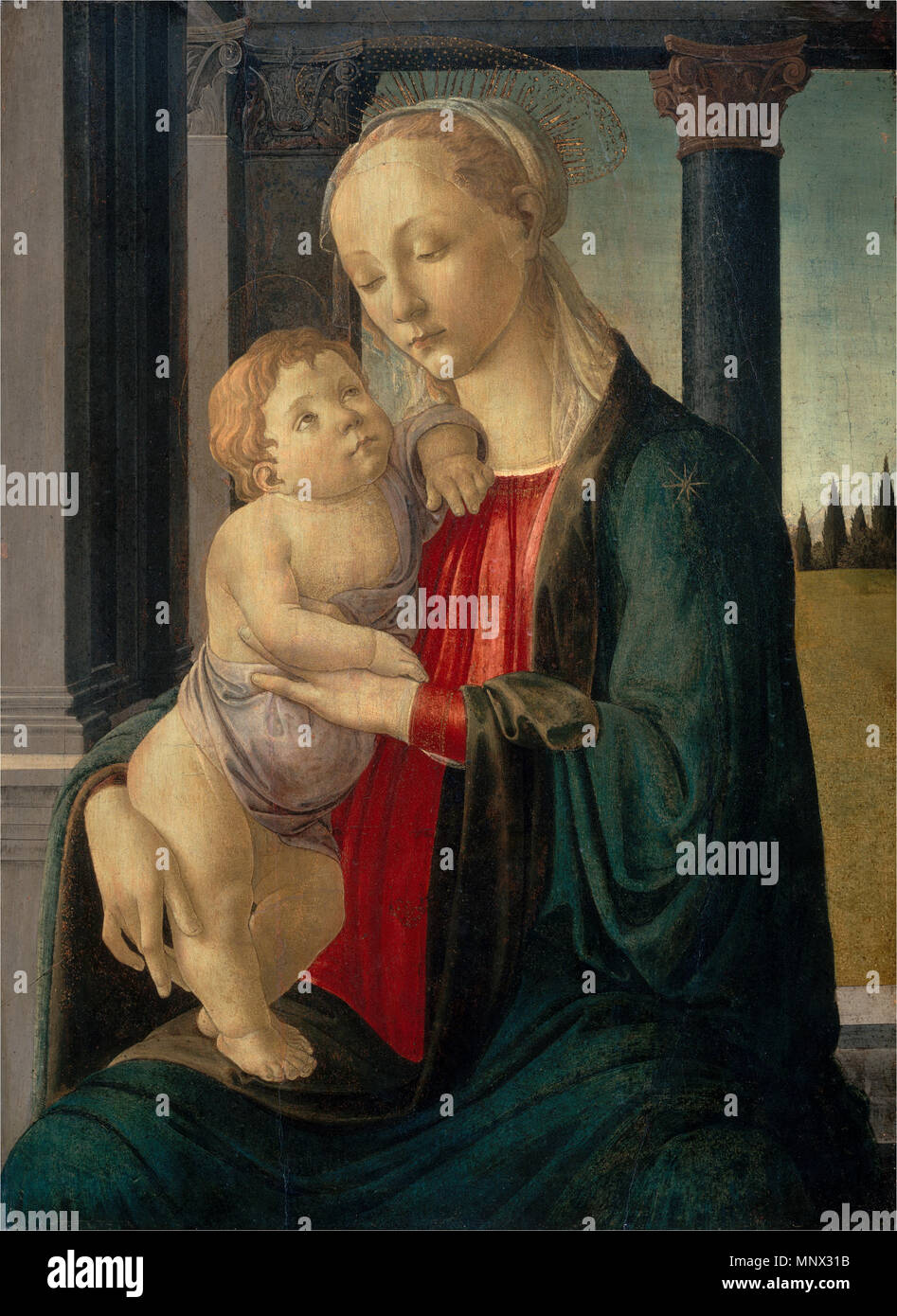Malerei; Tempera auf Panel; gesamt: 74,5 x 54,5 cm (29 5/16 x 21 7/16 in.) gerahmt: 113,7 x 94,9 x 8,6 cm (44 3/4 x 37 3/8 x 3 3/8 in.); Madonna mit Kind ca. 1470. 1093 Sandro Botticelli - Madonna mit Kind, C. 1470 Stockfoto