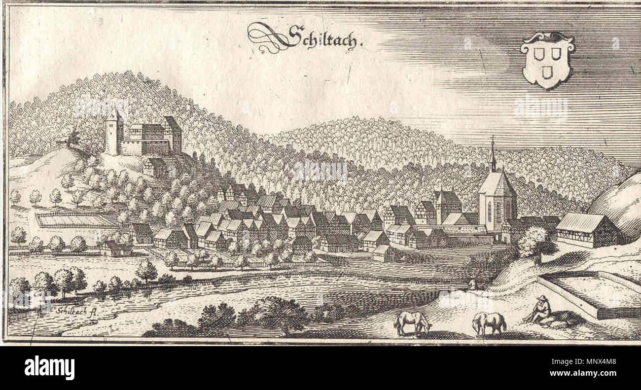 . Alte Ansicht von Schiltach von Matthäus Merian 1643. 30. September 2006. Andreas Frick 1100 Schiltach / Merian Stockfoto