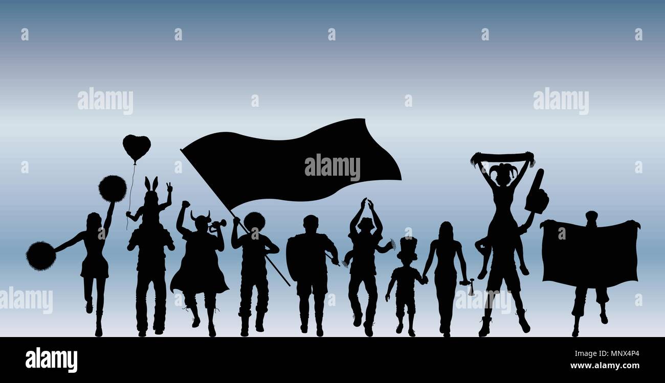 Sport unterstützer Silhouette vor blauem Himmel. Alle Objekte und vier verschiedenen Silhouetten sind in verschiedenen Schichten. Stock Vektor