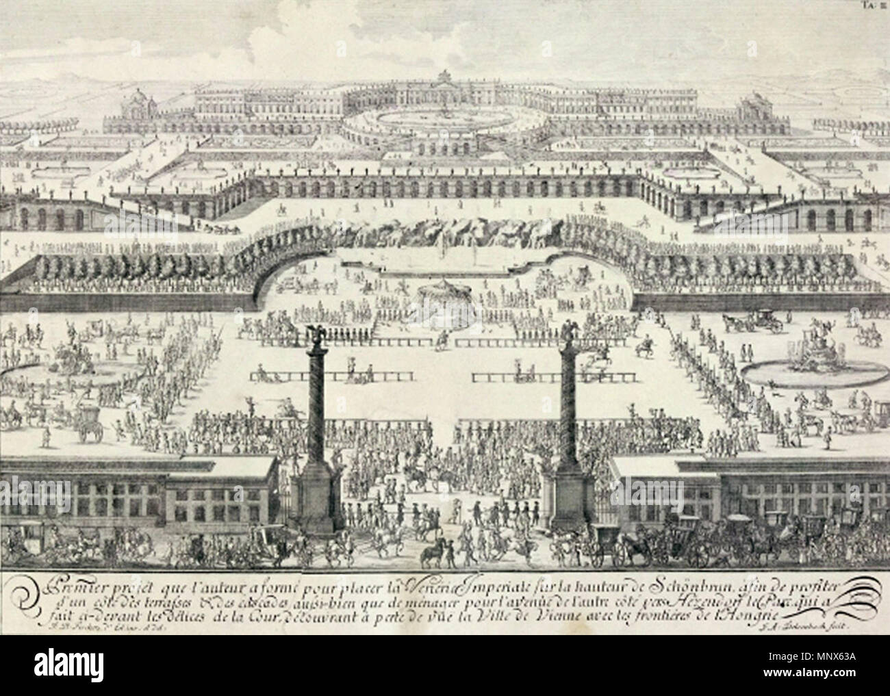 . Zeichnung von Architektur, Kupferstich, sehr wahrscheinlich von 'Entwurf einer historischen Architektur". Zeigt Fischer v. Erlach der erste Entwurf für Schloss Schönbrunn, 1688, die sich nicht finanziell erschwinglich war. Dieser Medien zeigt die unter Denkmalschutz mit der Nummer 128858 in Österreich. (Commons, de) dieser Medien zeigt die unter Denkmalschutz mit der Nummer 114069 in Österreich. (Commons, de). 1721. Johann Bernhard Fischer von Erlach (1656-1723) Alternative Namen Fischer, Johann Bernhard (bis 1696) Beschreibung österreichischen Architekten und Bildhauer Geburtsdatum / Tod 20. Juli 165 Stockfoto