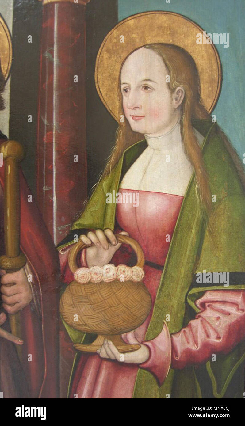 . Hl. Jodokus und Hl. Dorothea, Detail: Dorothea Altargemälde eines nicht näher zu bestimmenden Schweizer Meister (wohl Zürich Ca. 1500 - 1520) Provenienz: Kunsthandel Paris (1961); Auktion Dorotheum Wien (Mai 1961); Wiener Privatsammlung. ca. 1500 - 1520. Anonyme Schweizer Maler (C. 1500 - 1520) 1106 Schweizer Meister Hl Jodokus und Dorothea detail Dorothea Stockfoto