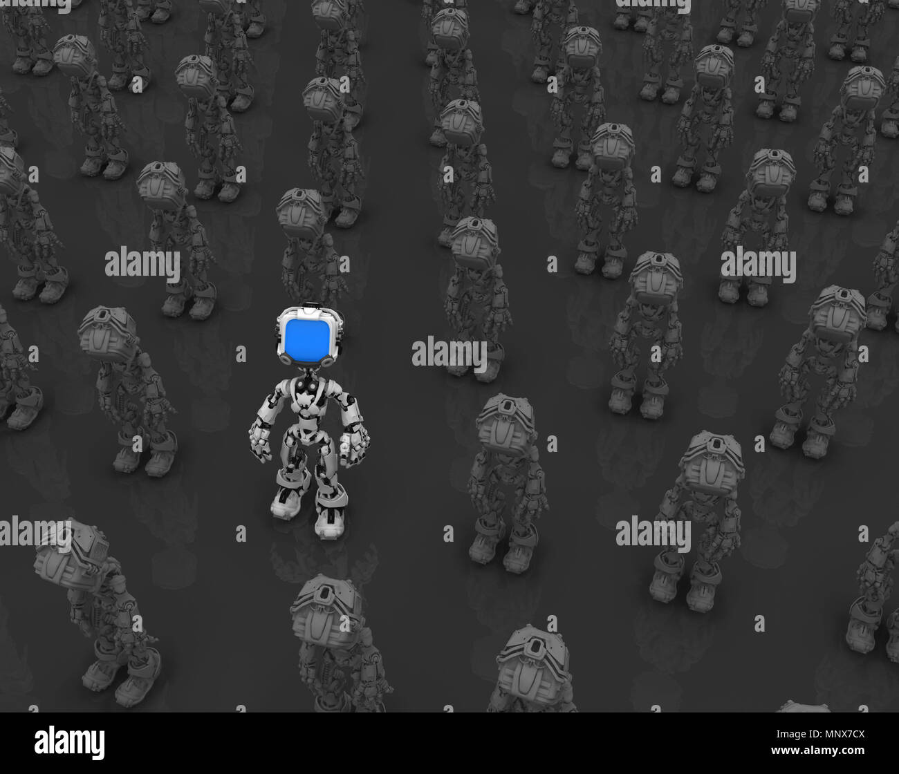 Kleine Roboter Figuren, 3D-Illustration, dunklen Hintergrund Stockfoto