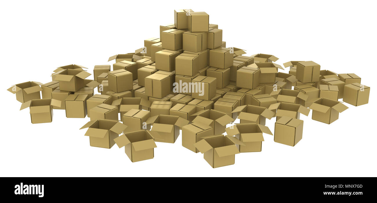 Karton Haufen abstrakt, 3d, horizontal, über Weiß Stockfoto