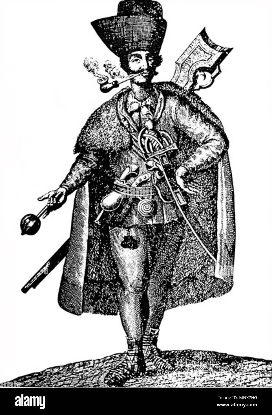 . Englisch: serbischer Soldat (frontiersman) in Syrmien in 1742. Српски / Srpski: Srbin vojnik (graničar) iz Srema 1742. godine. 1742. Unbekannt 1111 Serbische frontiersman in Syrmien, 1742 Stockfoto