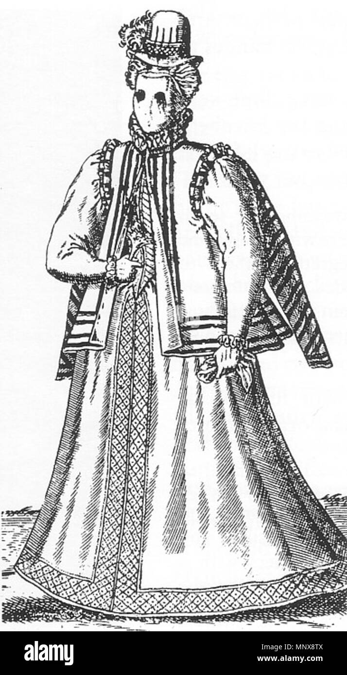 . Englisch: 'In diesem Mode edle Frauen entweder fahren oder von oben nach unten gehen." Ein Beispiel für das 16. Jahrhundert Frau bekleidet visard Maske. 1581. en: Abraham de Bruyn 1116 Sic nobilis Femina vel, Vel obambulant equitant Stockfoto