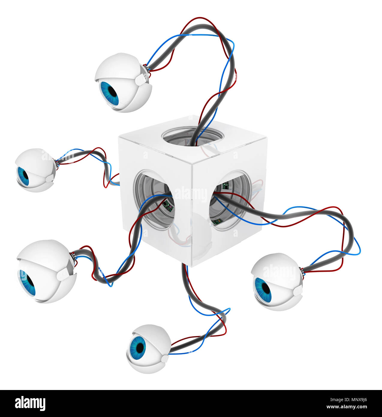Robotic runde Augäpfel White Box Versteckte 3D-Darstellung, horizontal, über Weiß, isoliert Stockfoto