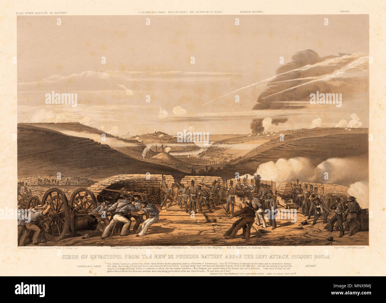 . Englisch: Belagerung von Sewastopol aus der neuen 32-Pfünder Batterie über der linken Angriff picquet Haus. Paris, Goupil & Co 1854 [33,7 x 51,2 cm]. 1854. Paul & Dominic Colnaghi 1119 Belagerung von Sewastopol aus der neuen 32-Pfünder Batterie über der linken Angriff picquet Haus. 1854 Stockfoto