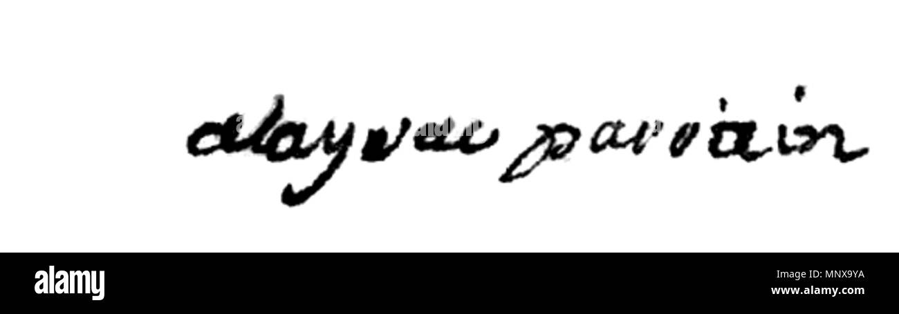 . Français: Unterschrift de Nicolas Oust, à l'âge de Huit ans alors qu'il est Pate de sa soeur Blaize, donc sans l'un de ses Pseudonymes (Nicolas d'Oust puis Nicolas Dalayrac). Englisch: Nicolas Oust Handschrift. Er war acht und Taufpate seiner Schwester Blaize, also ohne eine der hes Spitznamen (Nicolas d'Oust dann Nicolas Dalayrac). . 11. Oktober 1761. Nicolas Dalayrac (1753 - 1809) Alternative Namen nom légal: oust Pseudonyme: d'Oust Beschreibung französische Musiker und Komponist Geburtsdatum / Tod vom 8. Juni 1753 vom 27. November 1809 Ort der Geburt / Todes Muret Paris arbeiten Stockfoto