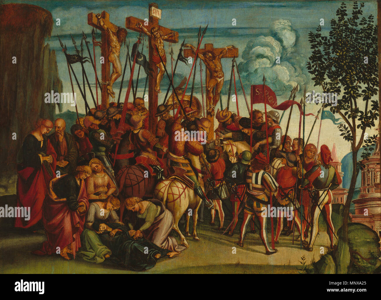 Malerei; Tempera-, Öl-, und Vergoldung auf Panel; gesamt: 72,5 x 101,3 cm (28 9/16 x 39 7/8 in.) gerahmt: 94,9 x 123,7 x 8,9 cm (37 3/8 x 48 11/16 x 3 1/2 in.); Kreuzigung ca. 1504-1505. 1120 Luca Signorelli - la Crocifissione (Nationalgalerie) Stockfoto