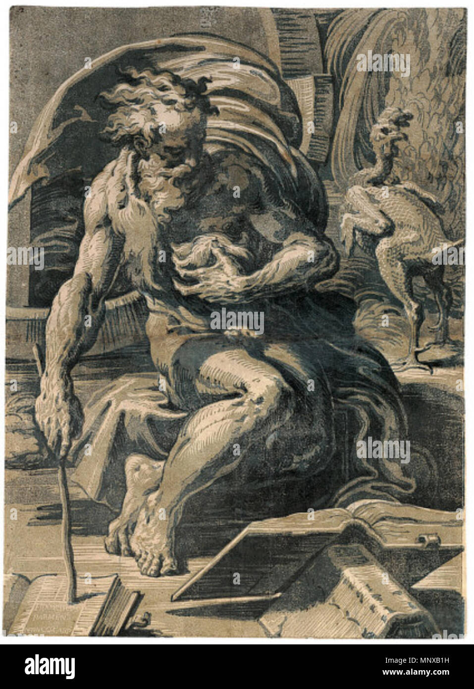 . Diogenes. Chiaroscuro Holzschnitt, 19 x 13 cm. (48,3 x 35,2 cm). Zustand I/II ca. 1524-29. 1211 Ugo da Carpi - Diogenes Stockfoto