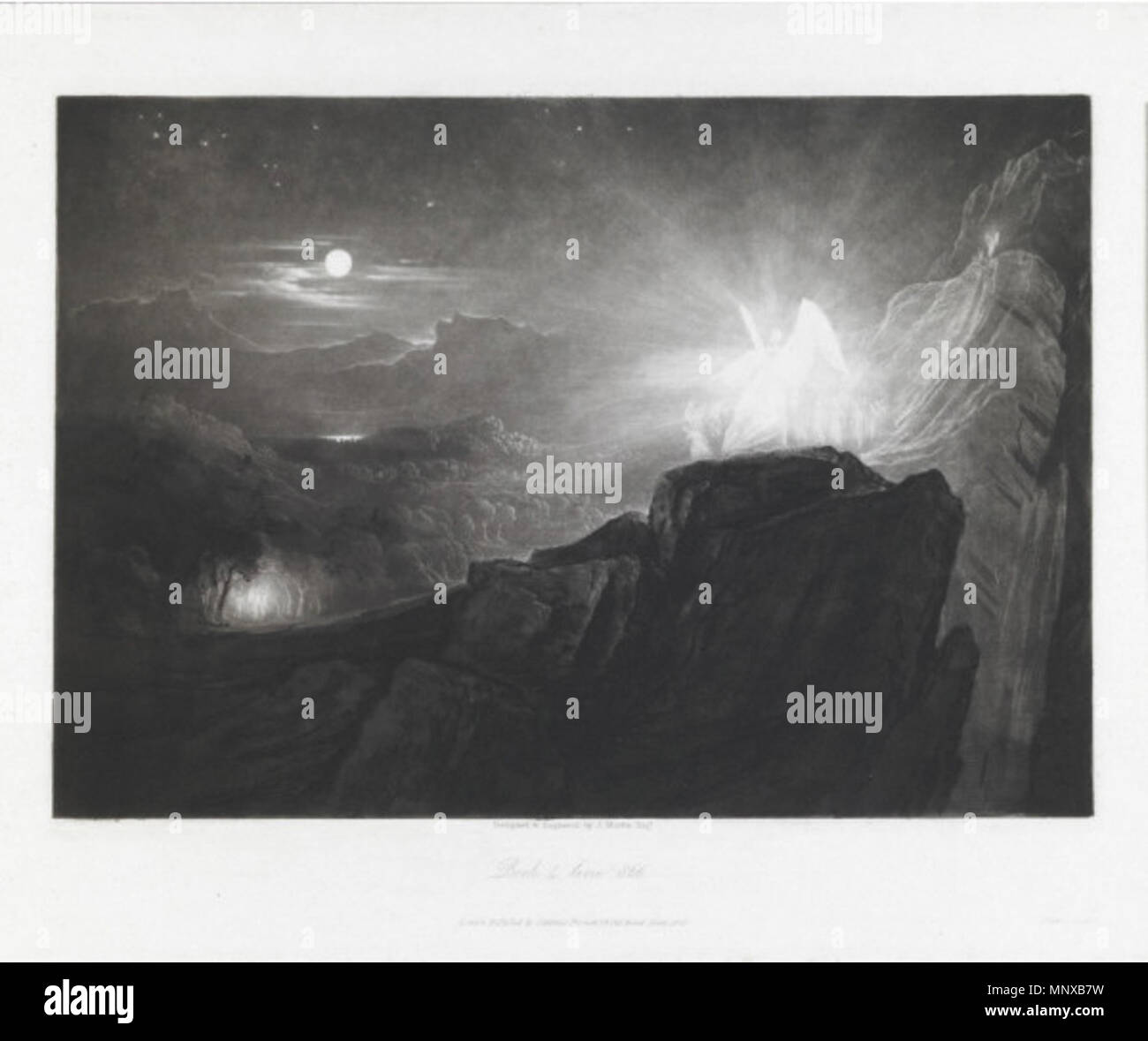 . Die Engel bewacht Paradies in der Nacht. Schabkunst, Platte: 10 1/8 x 14 in. (25,7 x 35,6 cm); Blatt: 11 x 14 cm. (27,9 x 37,5 cm). Abbildung für Paradise Lost von John Milton, Buch 4, Zeile 866. 1826. John Martin (1789 - 1854) Alternative Namen John Martin I; John, ich Martin; J. Martin; Martin Beschreibung englischer Maler und Graveur Geburtsdatum / Tod 19. Juli 1789 vom 17. Februar 1854 Ort der Geburt / Todes Haydon Bridge Douglas Arbeitsort England Authority control: Q 937096 VIAF: 92133015 ISNI: 0000 0000 8164 7113 ULAN: 500023063 LCCN: n 50040933 WGA: Martin, John WorldCat 733 Stockfoto
