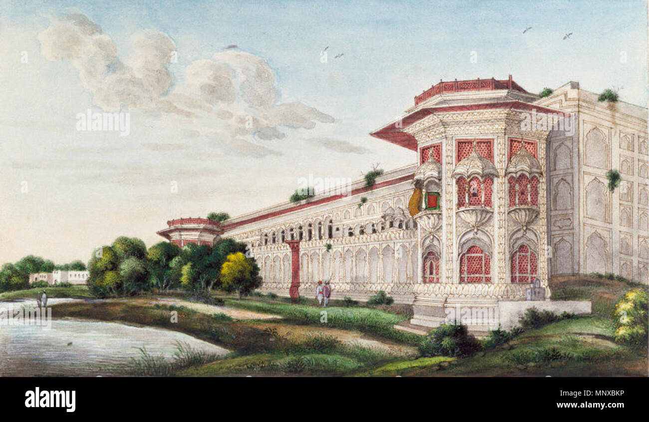 . Englisch: eine Ecke des Qadsiyah Palace in Delhi wird gezeigt, am Ufer des Flusses Jamna. Von 60 Zeichnungen der Mughal Denkmäler und architektonischen Details. Die Zeichnungen sind als von 'native' droughtsmen der Delhi Schule in das Amt des Superintendenten der Frau Abgeordneten East India Company von öffentlichen Gebäuden und Monumenten in Kalkutta, Ca. 1836 aufgezeichnet. Diese Zeichnungen sind der Mughal Denkmäler in der Delhi in einer Landschaft. Sie sind fast identisch mit einer in Delhi gesammelt von Sir Thomas Metcalfe, ca. 1840, von denen einige wurden von Mazar Ali Khan und veröffentlicht in Stockfoto . Englisch: eine Ecke des Qadsiyah Palace in Delhi wird gezeigt, am Ufer des Flusses Jamna. Von 60 Zeichnungen der Mughal Denkmäler und architektonischen Details. Die Zeichnungen sind als von 'native' droughtsmen der Delhi Schule in das Amt des Superintendenten der Frau Abgeordneten East India Company von öffentlichen Gebäuden und Monumenten in Kalkutta, Ca. 1836 aufgezeichnet. Diese Zeichnungen sind der Mughal Denkmäler in der Delhi in einer Landschaft. Sie sind fast identisch mit einer in Delhi gesammelt von Sir Thomas Metcalfe, ca. 1840, von denen einige wurden von Mazar Ali Khan und veröffentlicht in Stockfoto