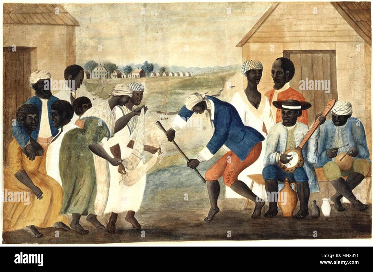 . Die alte Plantage (anonym folk Malerei). Zeigt afroamerikanische Sklaven tanzen zu Banjo und Percussion. Ende 1700. Anonyme 1128 Slave tanzen zu Banjo, 1780 s Stockfoto