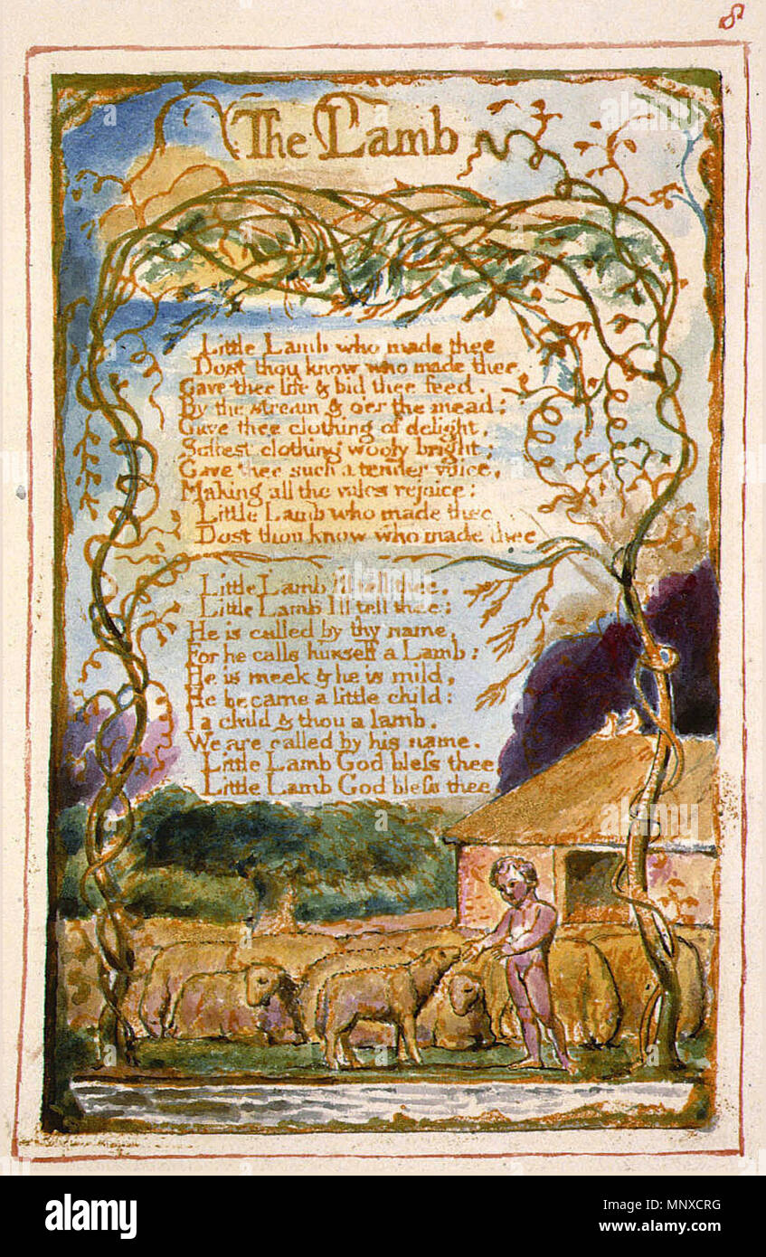 . Englisch: Lieder der Unschuld und Erfahrung, kopieren AA, 1826 (The Fitzwilliam Museum), Objekt 8 das Lamm. 25 Januar 2014, 00:18:04. William Blake (1757 - 1827) Alternative Namen W. Blake; Uil" iam Bleik Beschreibung britische Maler, Dichter, Schriftsteller, Theologe, Sammler und Graveur Geburtsdatum / Tod 28. November 1757 12. August 1827 Ort der Geburt / Todes Broadwick Street Charing Cross Standort London Authority control: Q 41513 VIAF: 54144439 ISNI: 0000 0001 2096 135 X ULAN: 500012489 78095331 LCCN: n NLA: 35019221 WorldCat Kategorie: William Blake 1132 Lieder der Unschuld ein Stockfoto