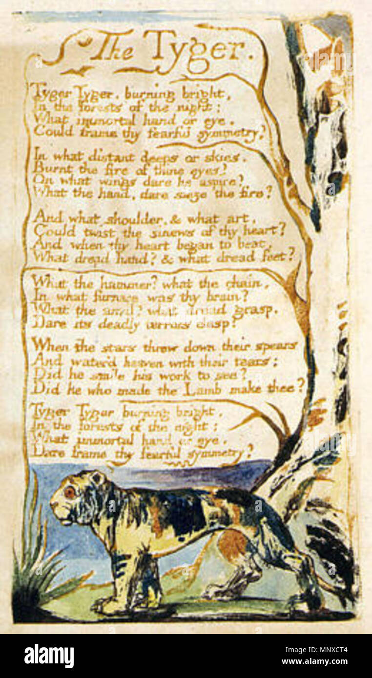 . Englisch: Lieder der Unschuld und Erfahrung, Copy C, 1789, 1794 (Bibliothek des Kongresses) Objekt 50 The Tyger. 15 Februar 2014, 15:05:25. William Blake (1757 - 1827) Alternative Namen W. Blake; Uil" iam Bleik Beschreibung britische Maler, Dichter, Schriftsteller, Theologe, Sammler und Graveur Geburtsdatum / Tod 28. November 1757 12. August 1827 Ort der Geburt / Todes Broadwick Street Charing Cross Standort London Authority control: Q 41513 VIAF: 54144439 ISNI: 0000 0001 2096 135 X ULAN: 500012489 78095331 LCCN: n NLA: 35019221 WorldCat Kategorie: William Blake 1132 Songs von Innocenc Stockfoto