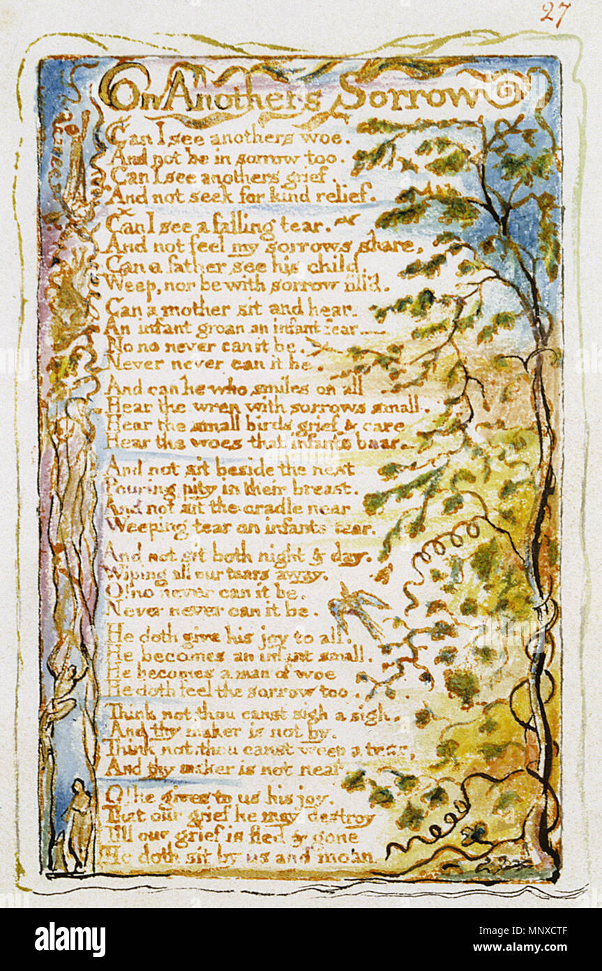 . Englisch: Lieder der Unschuld und Erfahrung, kopieren Y, 1825 (Metropolitan Museum der Kunst) onject 27 Auf Anothers Trauer. 26 November 2002, 09:23:45 Uhr. William Blake (1757 - 1827) Alternative Namen W. Blake; Uil" iam Bleik Beschreibung britische Maler, Dichter, Schriftsteller, Theologe, Sammler und Graveur Geburtsdatum / Tod 28. November 1757 12. August 1827 Ort der Geburt / Todes Broadwick Street Charing Cross Standort London Authority control: Q 41513 VIAF: 54144439 ISNI: 0000 0001 2096 135 X ULAN: 500012489 78095331 LCCN: n NLA: 35019221 WorldCat Kategorie: William Blake 1132 Songs o Stockfoto