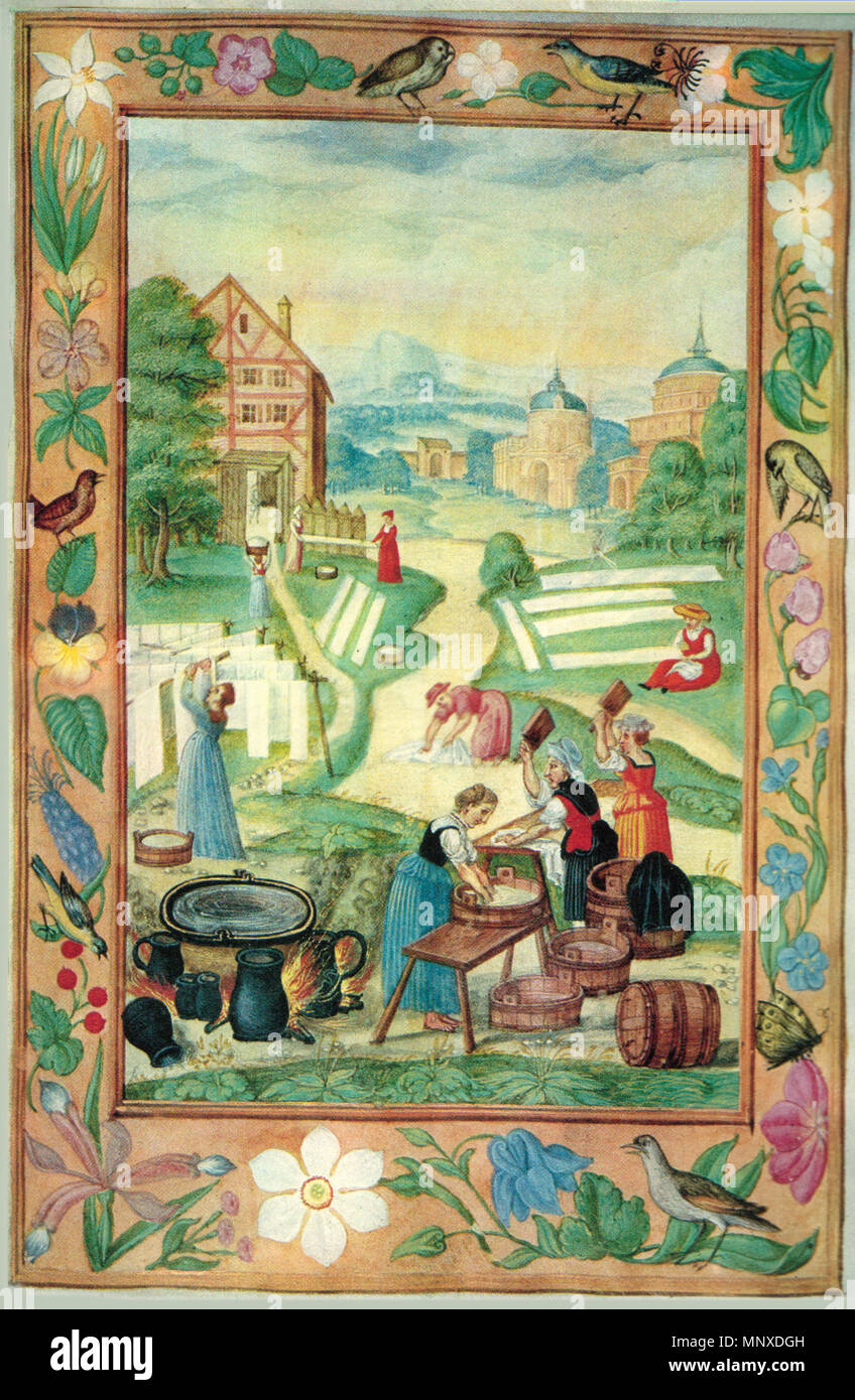 . English: 'Das große Waschfest der Stadt', Miniaturmalerei aus Og Buch. Deutsch: Das große washday vor der Stadt, die die Arbeit der Frauen, von der alchemistischen Handbuch Splendor Solis, 1531. 1531. Unbekannt1135 Splendor solis das grosse waschfest der Stadt 1531 Stockfoto