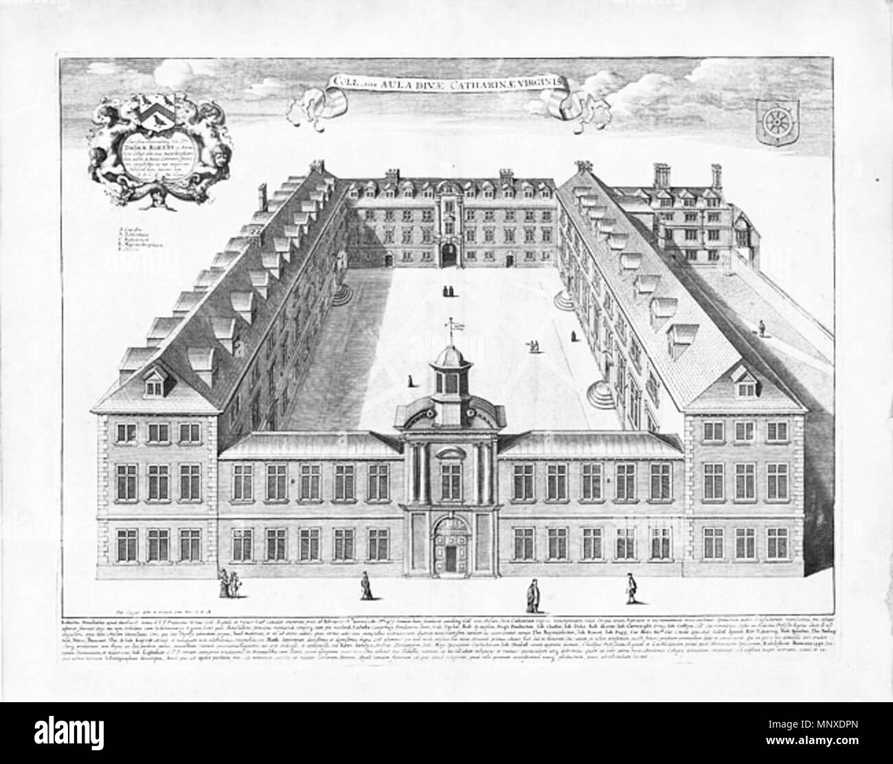 . Englisch: Vogelperspektive des St Catharine's College, Cambridge von David Loggan, veröffentlicht 1690. Den Bereich über der Vorderseite des Hofes gezeigt wurde in der Tat nie gebaut werden: "Dieses Bild zeigt die Reste und Ruinen der alten Hochschule Gebäude (ein Anblick zu hässlich wie ein Bild unter den anderen Colleges der Universität zu erscheinen), sondern nur die Gebäude nicht zeigen kürzlich, als auch jene, die heute nur geplant, tatsächlich gebaut werden. Für die Absicht ist, dass Gönner der Buchstaben sehen kann, welche Art der Arbeit dieses von Ihnen wird endlich fertig, die ausschließlich durch thei durchgeführt werden. Stockfoto