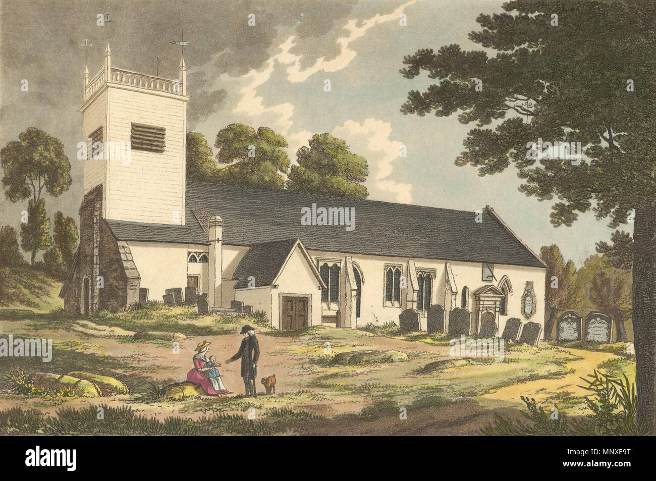 . Englisch: St. Peter's Kirche, Caversham, Lesen, aus dem Süden, aus der die hölzernen Turm und ein Teil des Kirchhofes. 1800-1809: Drucken, erstellt und von Charles Tomkins graviert, veröffentlicht 1804, von Ansichten Tomkins'' lesen Abtei." Schwarz und Weiss auf Dynix 1204766. zwischen 1800 und 1809. Charles Tomkins 1139 St. Peter's Kirche, Caversham, 1800-1809 Stockfoto