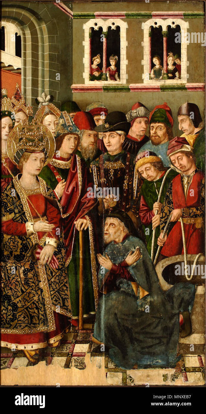 Confesión del judío Judas. Español: La Obra muestra un judío de Jerusalén llamado Judas, que según la Leyenda Dorada tenía conocimiento De dónde se hallaba la Vera-Cruz, siendo interrogado Por Santa Helena de Constantinopla. Englisch: Mittelalterliche spanische Malerei zeigt unter anderem ein Jude nur wenige Jahre vor der Vertreibung aus Spanien, ursprünglich ein Altarbild des Heiligen Kreuzes von blesa. zwischen ca. 1483 und ca. 1487. 1139 St.-HelenaInterrgogatingJudas Stockfoto