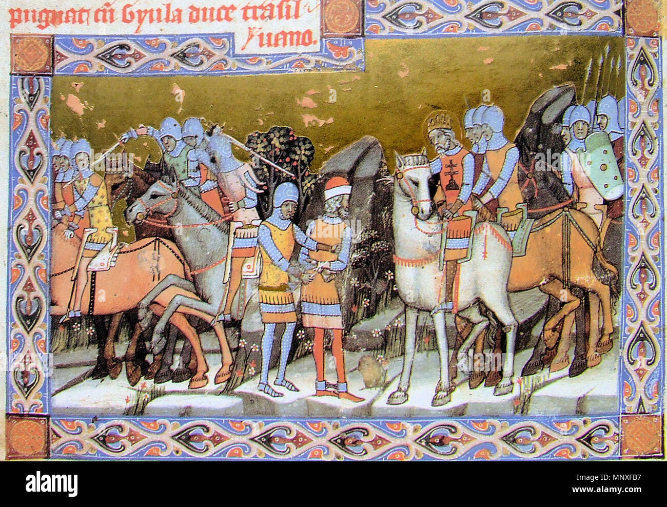 . Englisch: König Stephan I. von Ungarn nimmt Onkel Gyula. 1360. Mittelalterliche Arbeit 1143 Stephen's Kräfte erfassen Gyula Stockfoto . Englisch: König Stephan I. von Ungarn nimmt Onkel Gyula. 1360. Mittelalterliche Arbeit 1143 Stephen's Kräfte erfassen Gyula Stockfoto
