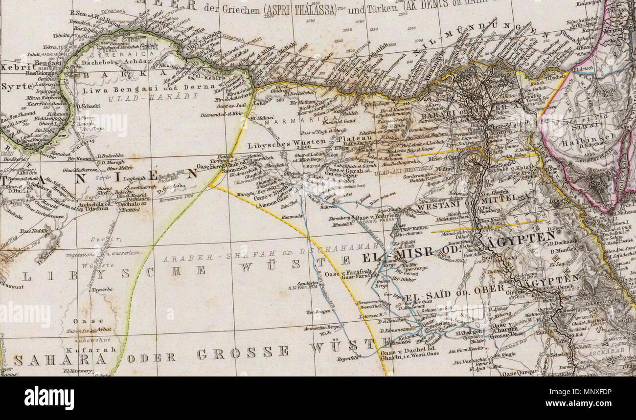 . Englisch: Das Mittellandische Meer und Nord-Afrika. Maassstab 1:7.500.000. (Ostliches Blatt.) Von A.Petermann. Bearbeitet von L. Friederichs en u. Habenicht. Gest. v. Poppey U. Jungmann. Gotha: Justus Perthes 1875. 1875. Adolf Stieler (1775 - 1836) Beschreibung deutsche Kartograph Geburtsdatum / Tod 26. Februar 1775 13. März 1836 Ort der Geburt / Todes Gotha ebenda Arbeiten lage Geographische Institut Justus Perthes in Gotha Authority control: Q 62914 VIAF: 71694348 ISNI: 0000 0001 0914 5474 88080340 LCCN: n NLA: 35945958 GND: 117257354 WorldCat 1144 Stieler, Adolf. Das Mittelland Stockfoto