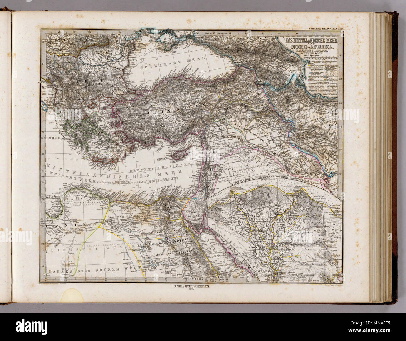 . Englisch: Das Mittellandische Meer und Nord-Afrika. Maassstab 1:7.500.000. (Ostliches Blatt.) Von A.Petermann. Bearbeitet von L. Friederichs en u. Habenicht. Gest. v. Poppey U. Jungmann. Gotha: Justus Perthes 1875. 1875. Adolf Stieler (1775 - 1836) Beschreibung deutsche Kartograph Geburtsdatum / Tod 26. Februar 1775 13. März 1836 Ort der Geburt / Todes Gotha ebenda Arbeiten lage Geographische Institut Justus Perthes in Gotha Authority control: Q 62914 VIAF: 71694348 ISNI: 0000 0001 0914 5474 88080340 LCCN: n NLA: 35945958 GND: 117257354 WorldCat 1144 Stieler, Adolf. Das Mittelland Stockfoto