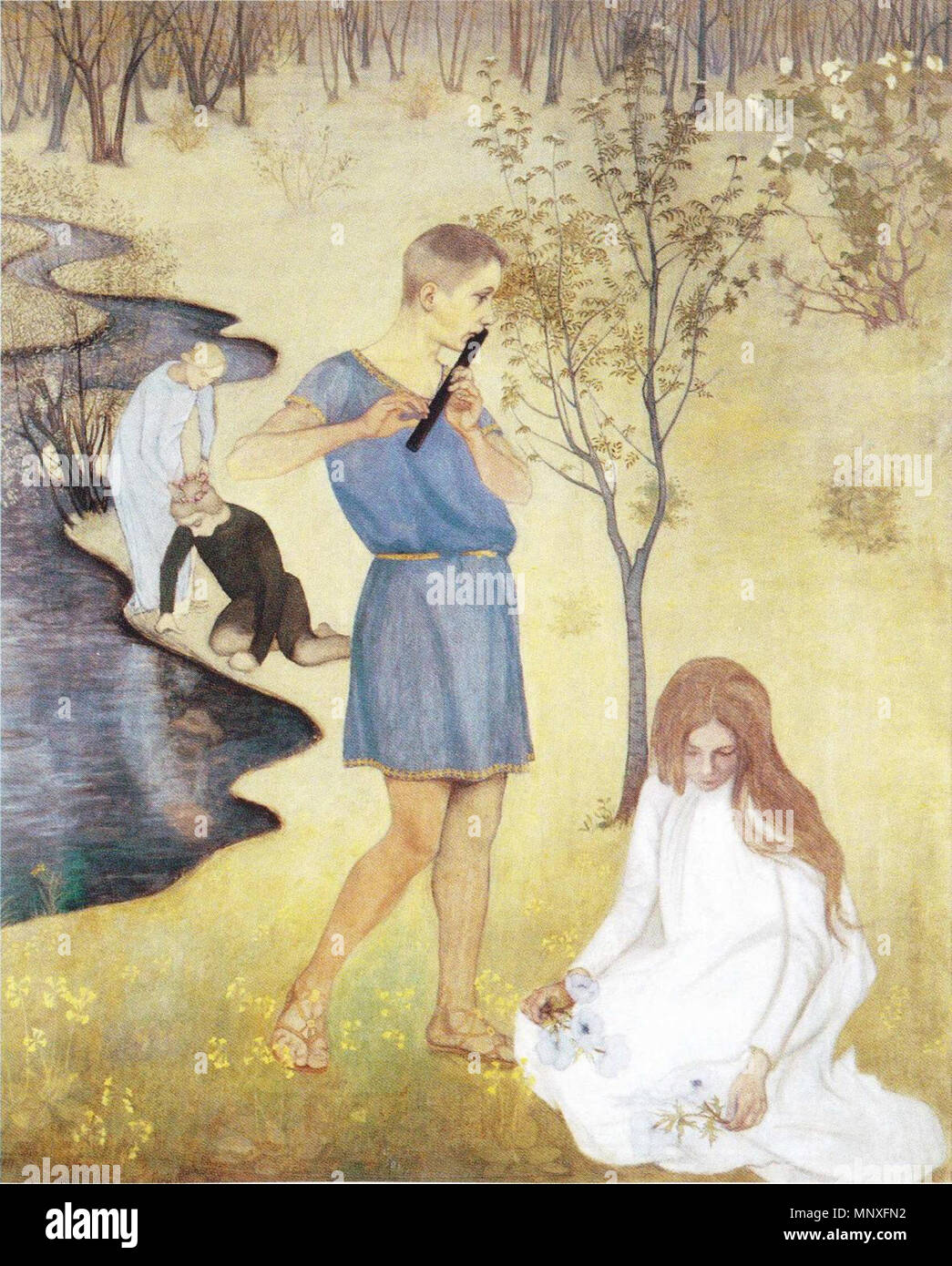 Deutsch: Pastoraali. Deutsch: Beda Stjernschantzin Pastoraali maalaus eli Primavera, joka perustuu antiikin roomalaisen runoilijan Ovidiuksen teokseen Muodonmuutoksia. Etualalla ovat antiikin taruhahmot Pan ja Ekho, taustalla veteen katseleva hahmo auf joko keisari Hadrianuksen rakastaja Antinoos tai myyttinen Narkissos. Maalaus kuuluu Kokkolassa sijaitsevan K.H.Renlundin taidemuseon kokoelmiin. . 1897. 1145 Stjernschantz, Pastoraali Stockfoto