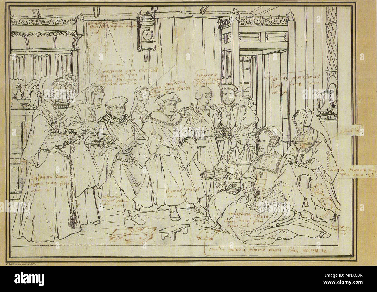 . Englisch: Studie für die Familie Portrait von Thomas Morus. Pen und Brush in schwarz auf der Oberseite des Chalk Skizze, 38,9 × 52,4 cm. Kupferstichkabinett, Öffentlichen Kunstsammlung Basel. Dies ist eine vorbereitende Skizze für Holbeins Portrait der Familie von Thomas Morus, jetzt verloren, dachte das erste Leben mittlere Gruppe portrait nördlich der Alpen. Das gemalte Werk wurde mehrfach - von der Künstlerin Rowland Lockey (c kopiert 1565-1616), unter anderem - zwar Unterschiede zwischen den Kopien und diese Skizze deuten darauf hin, dass dazwischen liegenden Versionen bestanden haben kann, in Reaktion auf Änderungen in der englischen Kirche afte angepasst Stockfoto