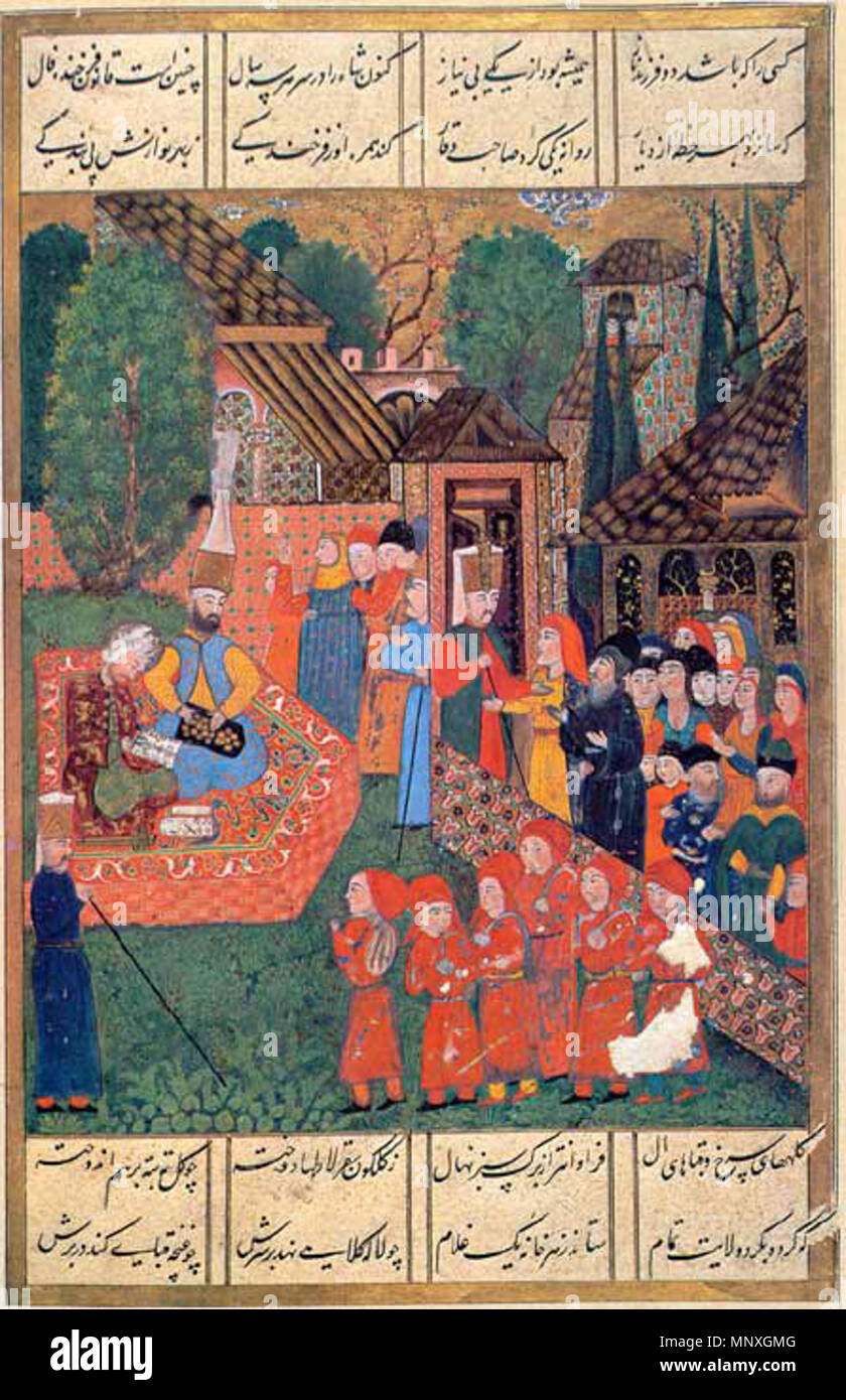 . Registrierung von Jungen für die devşirme. Die sechs Jungs gekleidet in Rot wurden gesammelt. Auf der linken Seite ein Schriftsteller, Register, auf das Recht der Öffentlichkeit, den Angehörigen der Jungen und Jannisaries. Osmanische Miniaturmalerei vom Süleymanname. (Inv. 1517/31 b). 1558. Ali. Amir Beg Shirwani 1150 Suleymanname 31b Stockfoto