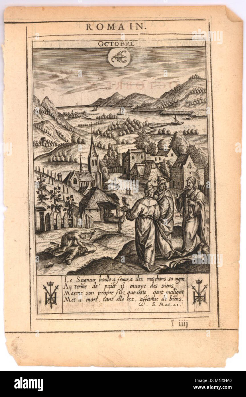 . Englisch: Oktober. Landschaft mit Jesus Christus Adressierung zwei Priester in der unteren rechten, einer der Weingärtner Tötung ein Diener am linken (Gleichnis von den bösen Weingärtnern), ein Dorf und ein Fluss im Hintergrund; Tierkreiszeichen Skorpion oben in der Mitte; Buchdruck in Schwarz und Rot Tinte oben Eindruck und auf der Rückseite. Platte 10 in einer Reihe von Gravuren, die zwölf Monate, wobei die Monate mit Szenen aus dem Neuen Testament und französische Text darunter. Höhe: 137 mm Breite: 89 Millimeter. Zwischen 1624 und 1645. Jan Gerritsz Sweelink (1600 oder 1601-1645) Alternative Namen Jan Gerritsz. Stockfoto