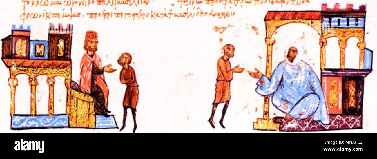 . Verhandlungen zwischen Simon und Fatloun. Johannes Skylitzes 1154 SymeonAndFatloun Stockfoto