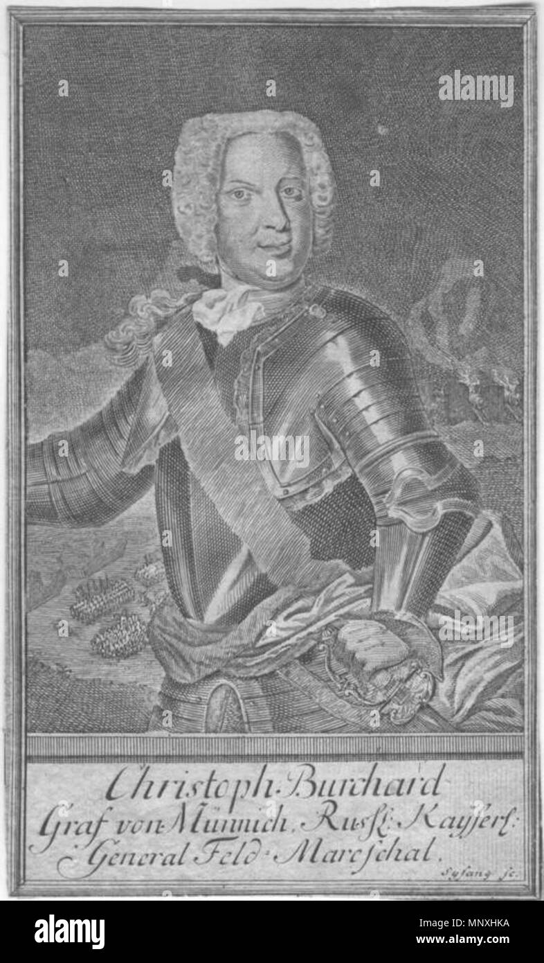 . English: Burkhard Christoph von Münnich (1683-1767) - Graf, Feldmarschall, Minister; Rußland Englisch: Burkhard Christoph von Münnich (1683-1757), Kupferstich. Größe (H x B): 15,1 x 9 cm. 18. Johann Christoph Sysang (1703 - 1757) Beschreibung Deutsche Graveur Geburtsdatum / Tod 20. Mai 1703 12. Juli 1757 Ort der Geburt / Todes Englisch: Leipzig, Sachsen, Deutschland Deutsch: Leipzig, Sachsen, Deutschland arbeiten Standort: Halle, Dresden, Prag, Leipzig Authority control: Q 18508381 VIAF: 7498250 ISNI: 0000 0001 1037 0310 LCCN: Nr. 2005063125 GND: 122052919 SUDOC: 034514627 Worl Stockfoto