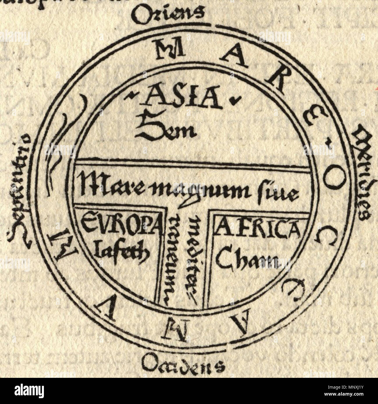 . T und O style Mappa Mundi (Karte der bekannten Welt) von der ersten gedruckten Version von isidorus "etymologiae Kraus (13). Das Buch wurde in 623 geschrieben und erstmals im Jahre 1472 in Augsburg durch eine Günther Zainer (Guntherus Ziner), Isidor Skizze damit zu den ältesten gedruckten Karte des Abendlandes gedruckt. Hinweis: T-O-Karten werden in der Regel angezeigt "Osten" zeigen Jerusalem in der Mitte und das Paradies im äußersten Osten, durch die Säulen des Herkules am äußersten Westen ausgeglichen. 1156 T und O Karte Guntherus Ziner 1472 Stockfoto