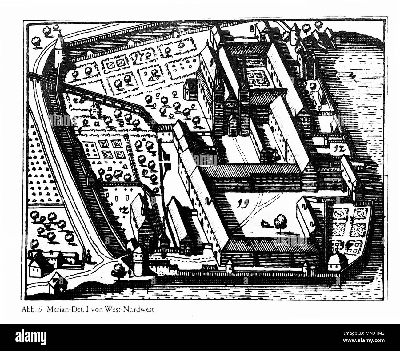 . English: Kloster Tegernsee, Ansicht von West-Nordwest, Detaildarstellung in Matthäus Merian: topographica Bayern, 1644. 1644. 1164 Tegernsee Merian-LF Stockfoto