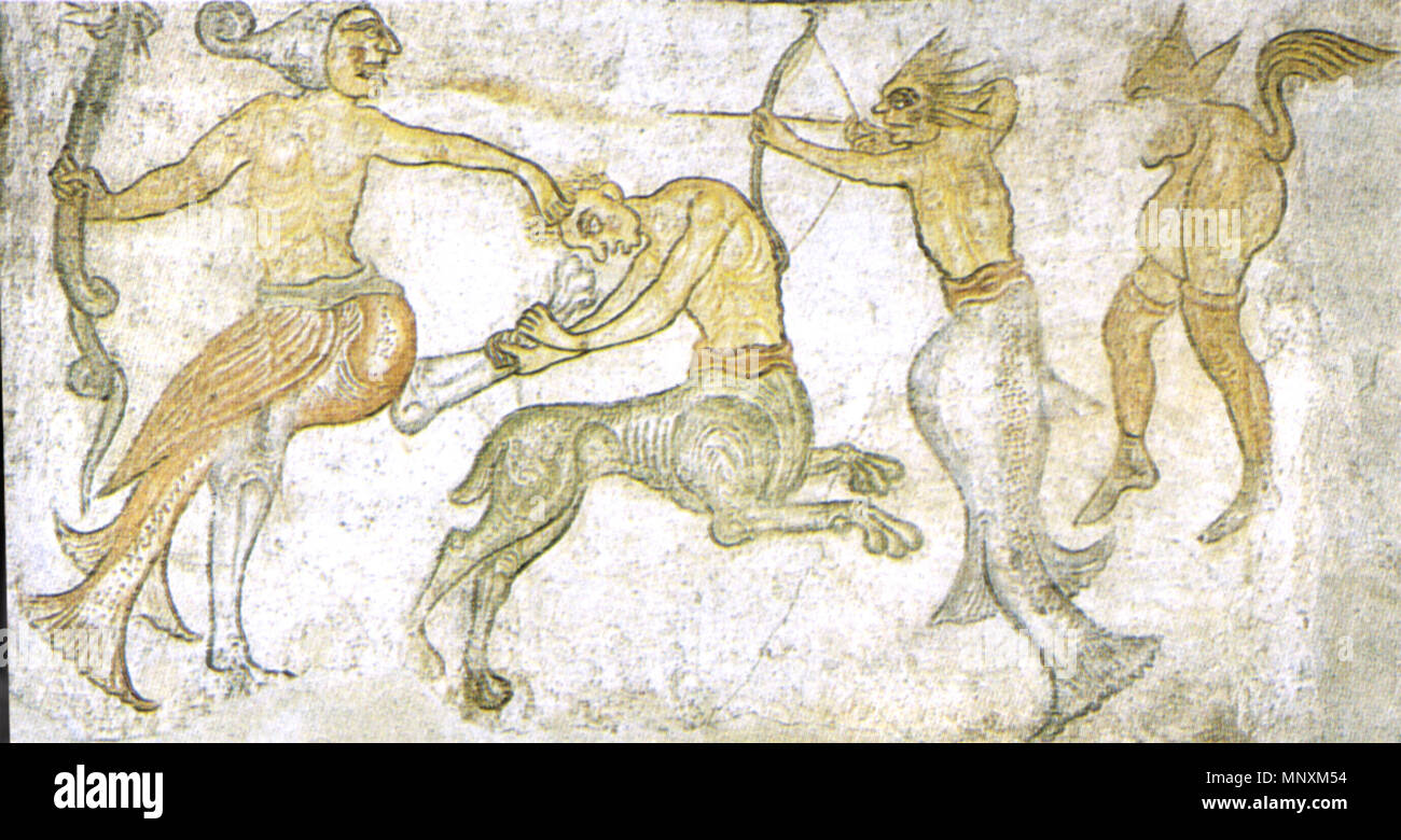 Englisch: Fabelwesen. Dieser Medien zeigt das kulturelle Erbe Denkmal mit der Nummer 17712 in Südtirol. Romanische Fresken von Dämonen in St. Jakobs Kapelle in Kastellaz, Tramin an der Weinstrasse, Südtirol, Italien. ca.1220. 1166 Tramin, Chiesa di San Jacopo, combattimento di Abbildung mostruose, feine XII secolo Stockfoto