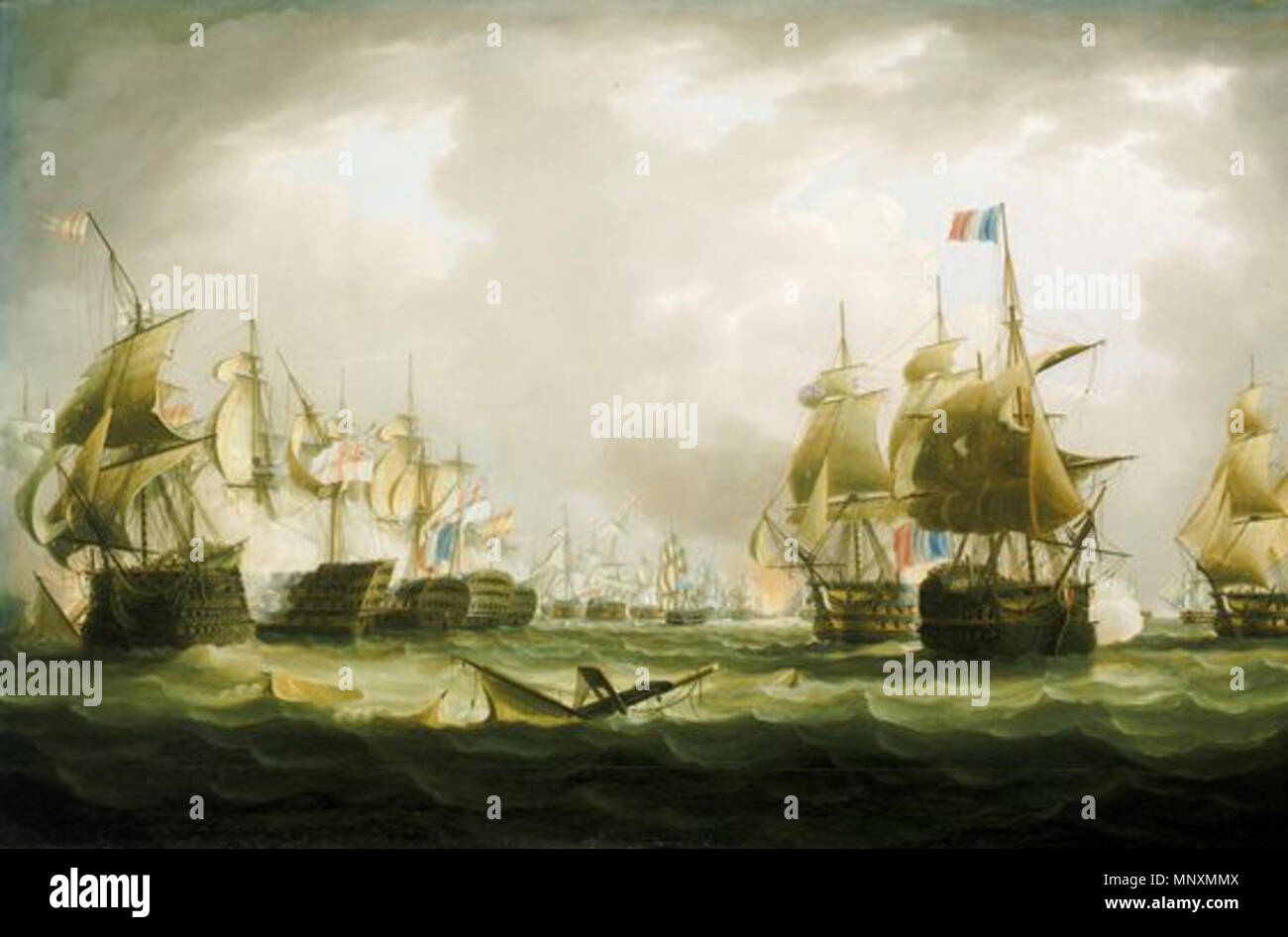 . Deutsch: "Die Schlacht von Trafalgar, 21. Oktober 1805: Beginn der Aktion", Öl auf Leinwand von Thomas Buttersworth. Rechts im Vordergrund ist das französische Schiff 'Bucentaure" in Steuerbord - Bow View, mit Ihrem mizzen Mast und wichtigsten topgallant Mast entfernt erschossen. In port-Bow View und Achteraus von ihr ist die britische 'Neptun', Bereitstellung von Harken Feuer. Achteraus von Ihr und nur halb im Bild ist der 'Leviathan'-Bow View. Links im Vordergrund das antissima Trinidad in Port Bow View angezeigt wird. Ihr Haupt- und mizzen Masten und fore-Topgallant Mast sind vom "Sieg", der Pa-shot Stockfoto