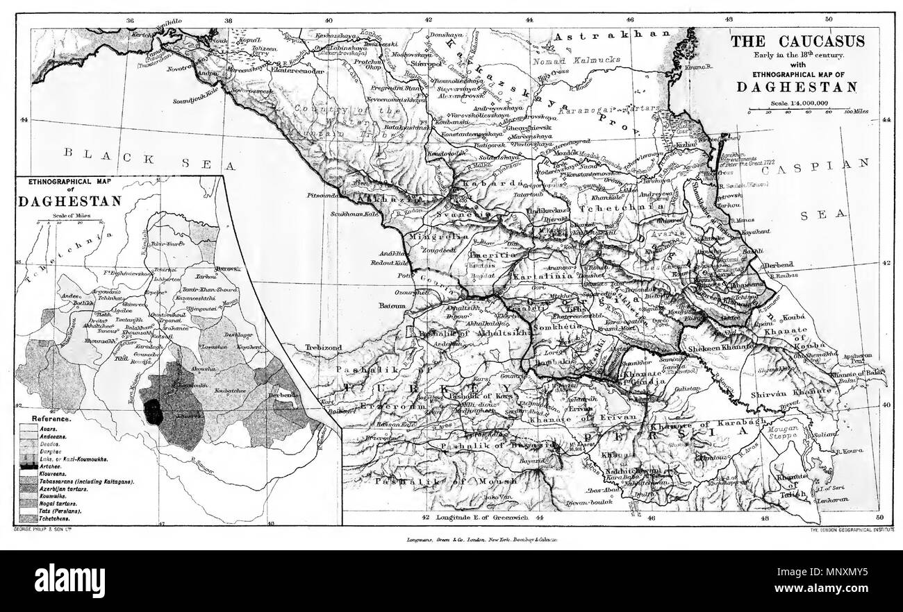 . Englisch: der Kaukasus. In den frühen 18 (aber die Beurteilung von der Landkarte 19.) Jahrhundert. Mit Etnographical Karte von Dagestan. Maßstab 1:4 000 000 Türkçe: Kafkasya. 18. (Fakat haritaya bakılırsa, gerçekte 19.) yüzyılın başlangıcı. Dağıstan'In etnografik haritasıyla birlikte. Ölçek 1:4 000 000 Русский: кавказ. Начало 18-го (если судить по карте, в действительности 19-го века). С картой этнографической Дагестана. Масштаб 1:4 000 000. 1908. Englisch: Die Londoner Geographischen Institut Türkçe: Londra Coğrafya Enstitüsü Русский: Лондонский Географический Институт 1170 im Kaukasus. In den frühen 18 Cent Stockfoto