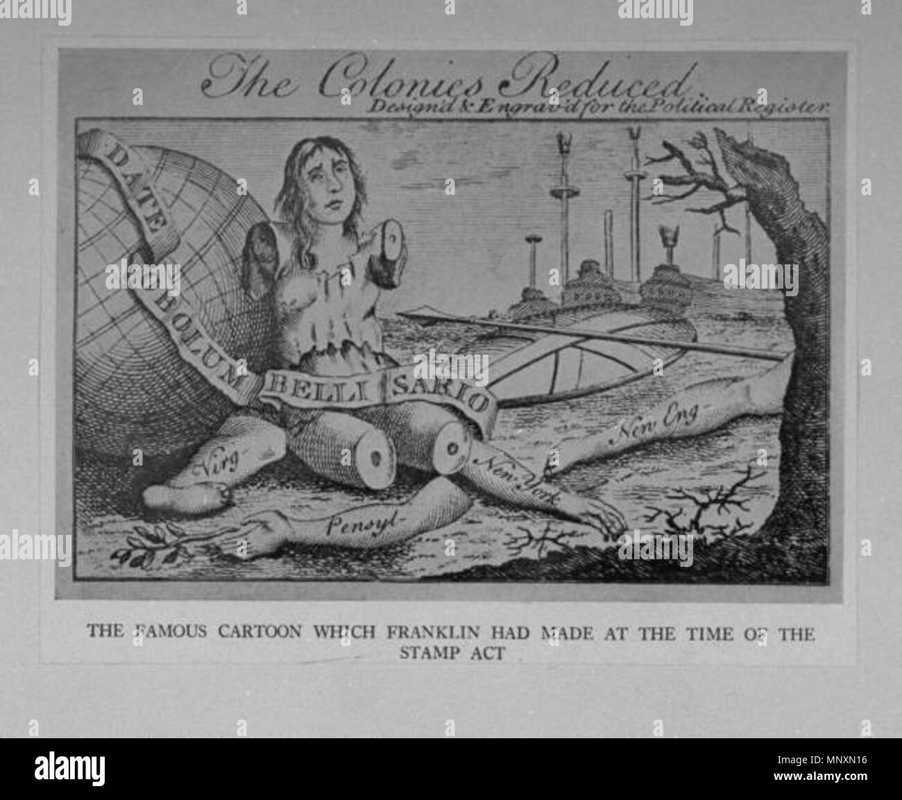 . Englisch: Die Bildunterschrift lautet: Die Kolonien reduziert. Design 'D& Engrav würde für die Politische registrieren. Die berühmten Cartoon, die Franklin zum Zeitpunkt der Stamp Act gemacht hatte. 1765. Benjamin Franklin 1171 Die Kolonien reduziert Stockfoto