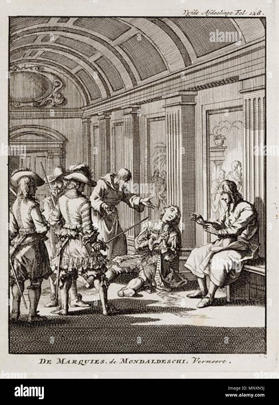 . Englisch: De Marquies de Mondaldeschi vermoort [Gian Rinaldo Monaldeschi Attentat in Fontainebleau, 10. November 1657], Radierung von Jan Luyken. 1698. Jan Luyken 1171 Der Tod des Marquis von Monaldeschi 1657 Stockfoto