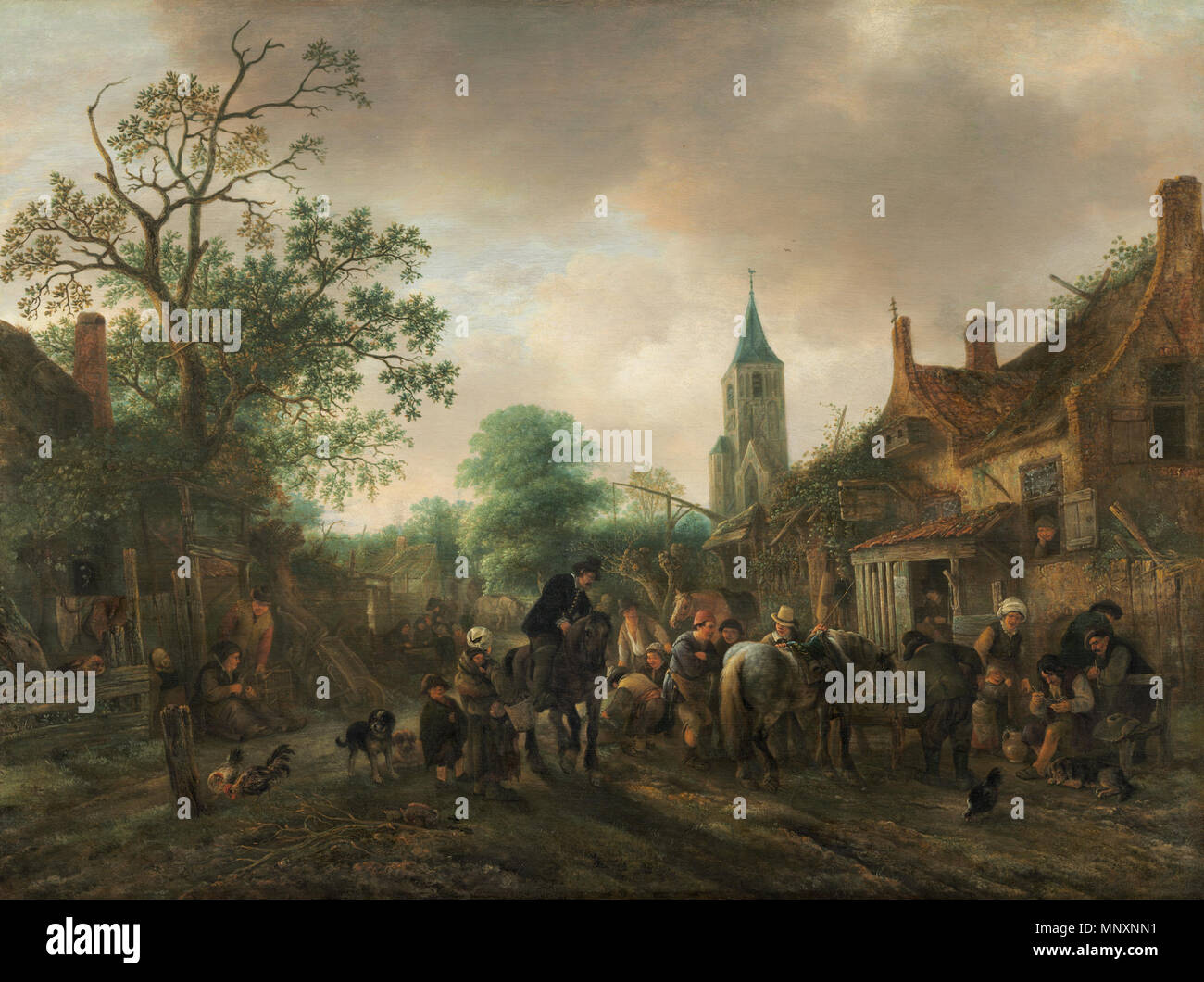 Malerei; Öl auf Leinwand übertragen; insgesamt: 50 x 66 cm (19 11/16 x 26 in.) gerahmt: 72,4 x 88,6 x 6 cm (28 1/2 x 34 7/8 x 2 3/8 in.); der Halt am Inn 1645. 1175 wird der Halt am Inn von Ostade 1645 Stockfoto