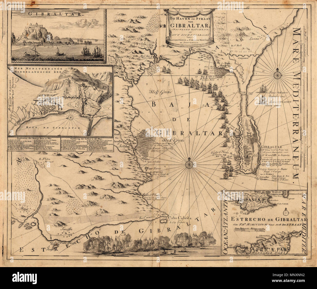 . Englisch: Karte, die die Belagerung von Gibraltar während des Spanischen Erbfolgekrieges (1704-1705). Es enthält drei zusätzliche Kartenausschnitte und Ansichten. Die Karte enthält Informationen über die Befestigungsanlagen, Hafen Orte, Dörfer, Berge, etc. Weitere eine Szene von dekorativen Schlacht Schiffe an der Unterseite eingraviert ist. 1710. Covens en Mortier Alternative Namen Covens & Mortier Johannes COVENS I (1697-1774) - Gründer Cornelis Mortier (1699-1783) - Gründer Beschreibung holländischen Kartographen Kartographie unternehmen Datum der Geburt / Tod 1721 1866 Ort der Geburt / Todes Amsterdam Amsterdam Arbeit Periode 172 Stockfoto