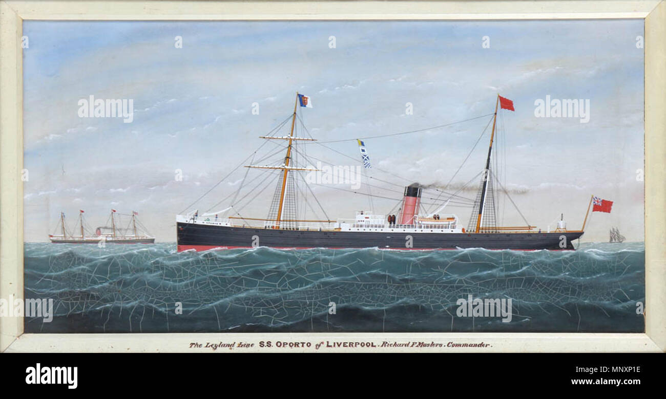 . Englisch: Der Leyland Liner S.S. Oporto, Liverpool, 19. Jahrhundert Englisch Schule. Die Dampfeinheit ist, die die Portugiesische Flagge 1830-1910. Português: O Dampf S.S. Porto, de Liverpool, da Leyland Line, Escola inglesa do séc. XIX/XX. O Dampf ostenta ein bandeira portuguesa (1830-1910). 19. Unbekannt 1176 die Leyland Line - S.S. Oporto von Liverpool - Richard F Meister, Commander Stockfoto