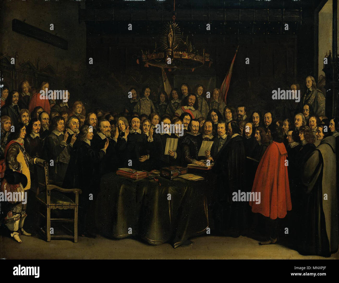 Ratifizierung des Frieden von Münster zwischen Spanien und der niederländischen Republik im Rathaus der Stadt Münster, den 15. Mai 1648 zwischen 1648 und 1670. 1179 Die Ratifizierung des Vertrags von Munster, Gerard Ter Borch (1648) Stockfoto