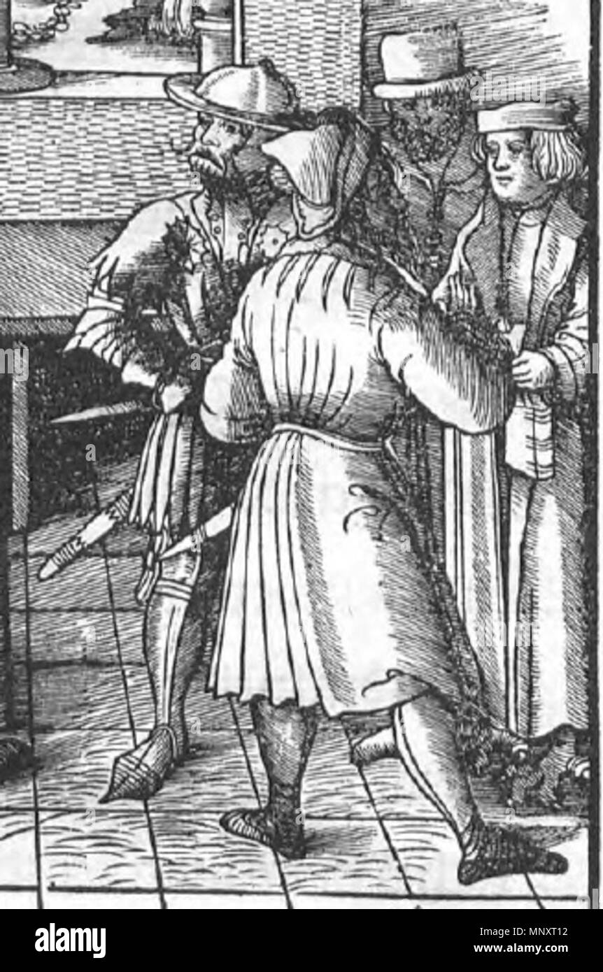 . Русский: Образы, предположительно, основанные на внешнем виде страдиотов (вторая и третья фигуры слева). 1517. Hans Burgkmair oder Leonard Beck oder Hans Schäuffelein oder Erhard Schön oder Wolfgang Traut oder Hans Weiditz oder Jörg Breu 1186 Theuerdank 7 (Detail) Stockfoto