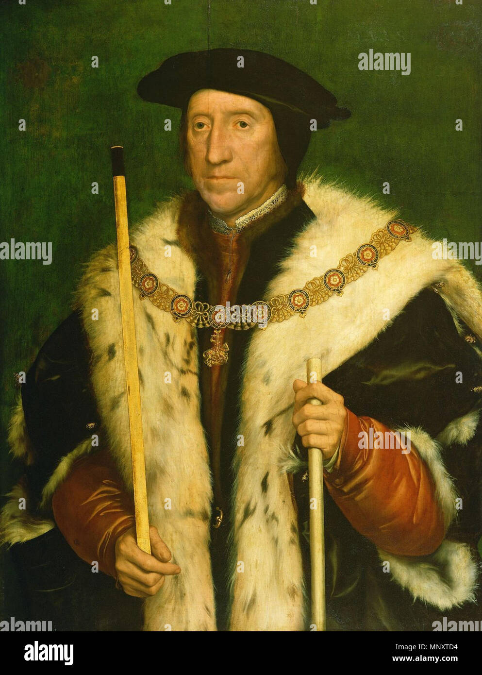Portrait von Thomas Howard, 3. Herzog von Norfolk. Englisch: Thomas Howard, 3. Herzog von Norfolk (1473-1554), spielte eine wichtige Rolle in der Regierung Heinrichs VIII. Er war während der Regierungszeit von Edward VI auf Gebühren, die mit der Schande von seinem Sohn Henry Howard, Earl of Surrey, die im Jahre 1547 durchgeführt wurde inhaftiert. Er war einer von mehreren Mitgliedern seiner Familie von Holbein, einer Gruppe, deren Kunden dargestellt wurde mit Norfolk verbunden. Holbein zeigt Howard als Earl Marshal von England, tragen die Reihenfolge der Strumpfhalter mit der St George Anhänger. Er ist mit einem zweiteiligen Snooker cue - geglaubt, ein 'J zu sein Stockfoto